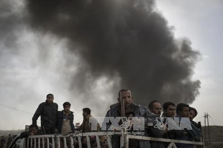 Người dân Iraq chạy khỏi các khu vực IS kiểm soát gần Qayara, phía nam Mosul ngày 1/11. Ảnh: AP/TTXVN