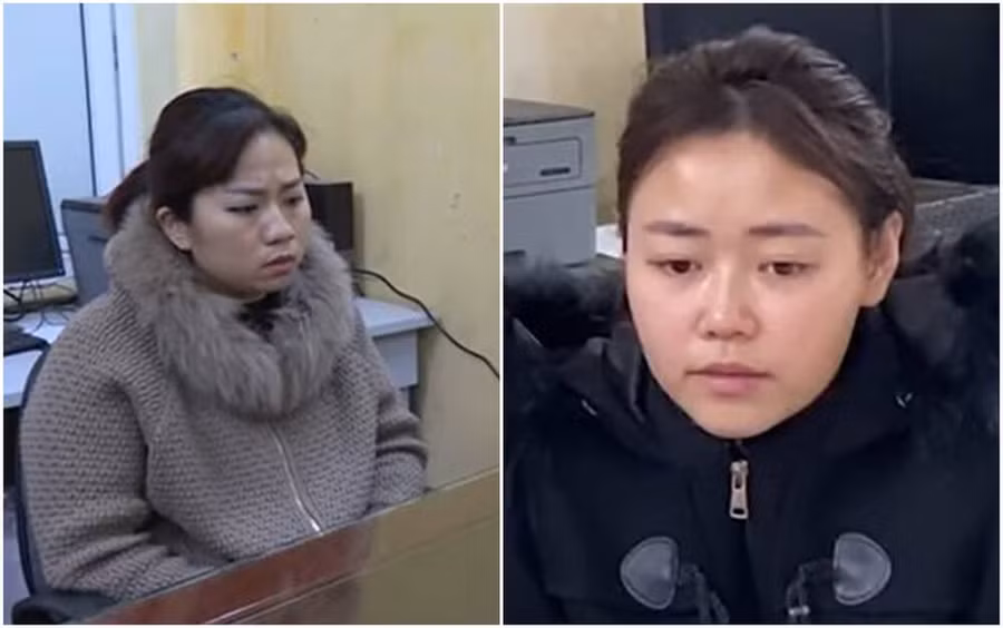 Hai đối tượng Nguyễn Thị Ngọc Huyền (trái) và Trần Mỹ Linh tại cơ quan điều tra.