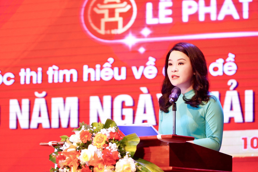 Bà Chu Hồng Minh - Ủy viên Ban Thường vụ Trung ương Đảng, Thành ủy viên, Bí thư Thành đoàn, Phó Trưởng BTC Cuộc thi phát biểu tại lễ phát động.
