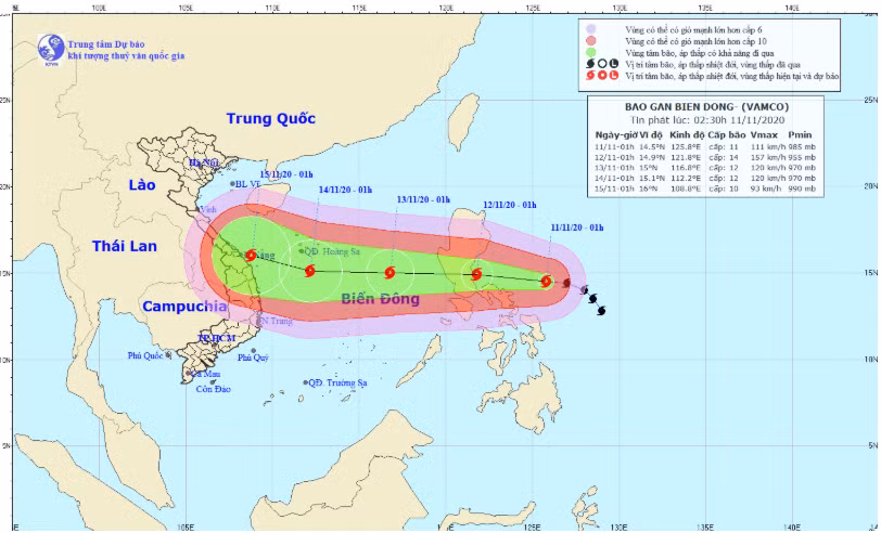 Bão Vamco với sức gió giật cấp 14 đang tiến gần Biển Đông