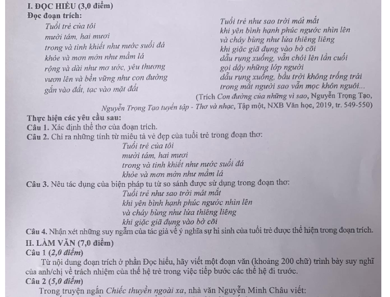 Đề thi môn Ngữ văn.