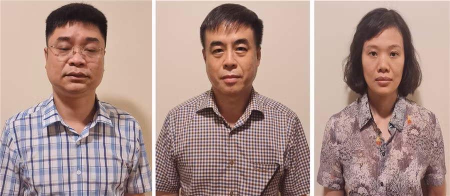 Các bị can (từ trái qua phải) Lê Việt Phương; Phạm Ngọc Hải; Thành Thị Đông Phương. Ảnh: Bộ Công An.