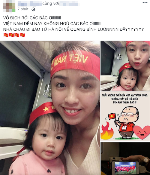 Ngay sau khi tiếng còi kết thúc trận đấu, khép lại chiến thắng chung cuộc cho đội tuyển Việt Nam, người dùng Internet đã có những cách chúc mừng khác nhau. Chị Ngọc chia sẻ khoảnh khắc ăn mừng chiến thắng của gia đình nhỏ, trên chuyến xe từ Hà Nội về Quảng Bình. Ngay sau khi tiếng còi của kết thúc trận đấu khép lại chiến thắng chung cuộc cho đội tuyển Việt Nam, người dùngInternet đã có những cách chúc mừng khác nhau. Chị Ngọc chia sẻ khoảnh khắc ăn mừng chiến thắng của gia đình nhỏ, trên chuyến xe từ Hà Nội về Quảng Bình.