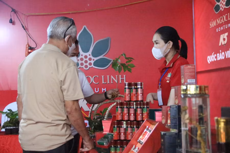 Khách hàng đến tìm hiểu, hỏi mua các sản phẩm từ sâm Ngọc Linh.