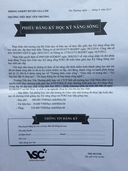 Phiếu đăng ký học kỹ năng sống của Trường tiểu học Yên Thường