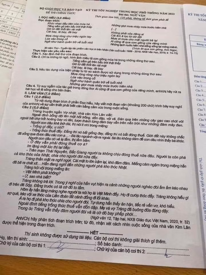 Đề thi Ngữ văn được cho là lan truyền trên mạng.