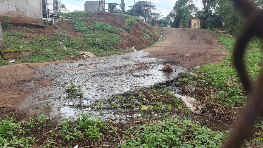 Nước thải chảy tràn ra đường bê tông trong khuôn viên nhà máy.