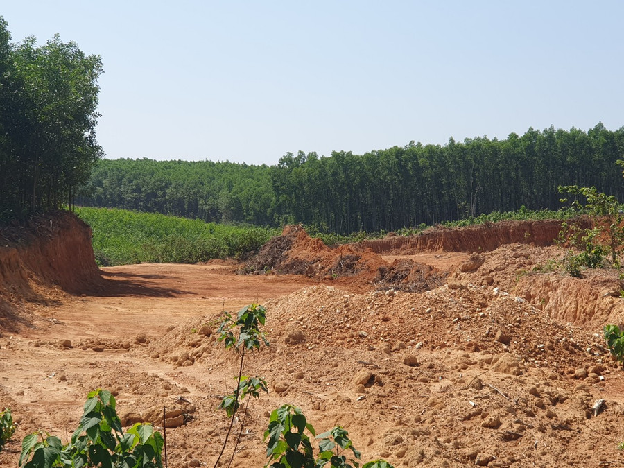 Mặt đất bị khoét sâu, đào xới nham nhở.