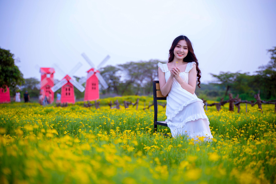 Giữa cánh đồng bạt ngàn hoa vàng, chị em ngồi ở đâu cũng có thể bấm máy.