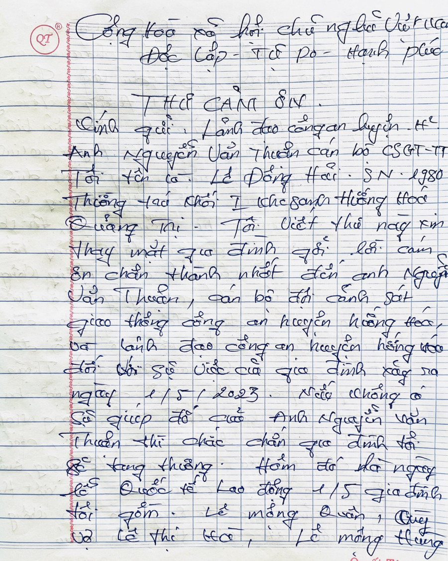 Gia đình nạn nhân gửi thư cảm ơn thượng úy Nguyễn Văn Thuận.