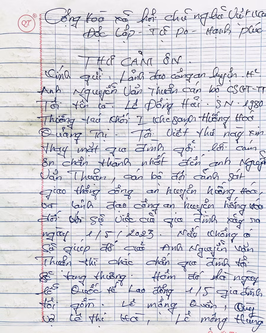 Gia đình nạn nhân gửi thư cảm ơn thượng úy Nguyễn Văn Thuận. Gia đình nạn nhân gửi thư cảm ơn thượng úy Nguyễn Văn Thuận.