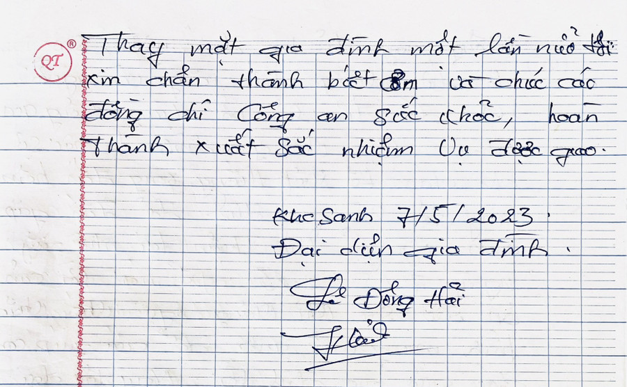 Gia đình nạn nhân gửi thư cảm ơn thượng úy Nguyễn Văn Thuận.