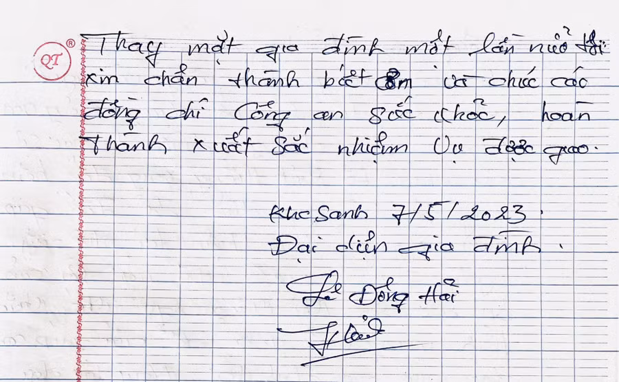 Gia đình nạn nhân gửi thư cảm ơn thượng úy Nguyễn Văn Thuận. Gia đình nạn nhân gửi thư cảm ơn thượng úy Nguyễn Văn Thuận.