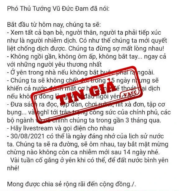 Cảnh báo tin giả "7 lời khuyên chống dịch của Phó Thủ tướng Vũ Đức Đam"