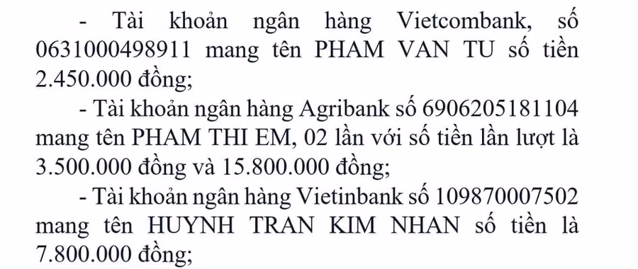 Công an TP Buôn Ma Thuột thông tin những số tài khoản mà Trường dùng để lừa đảo, chiếm đoạt tài sản.