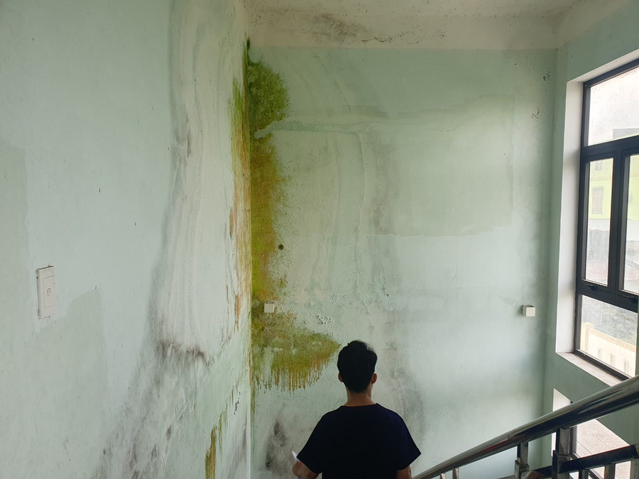 Khu vực cầu thang lên xuống bị thấm nước, ngả màu.