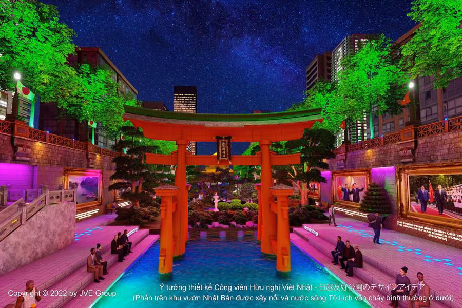 Phối cảnh cổng trời Torii tại đền Itsukushima, Miyajima - Di sản văn hóa thế giới nổi tiếng tại đảo Miyajima, tỉnh Hiroshima, Nhật Bản trên sông Tô Lịch.