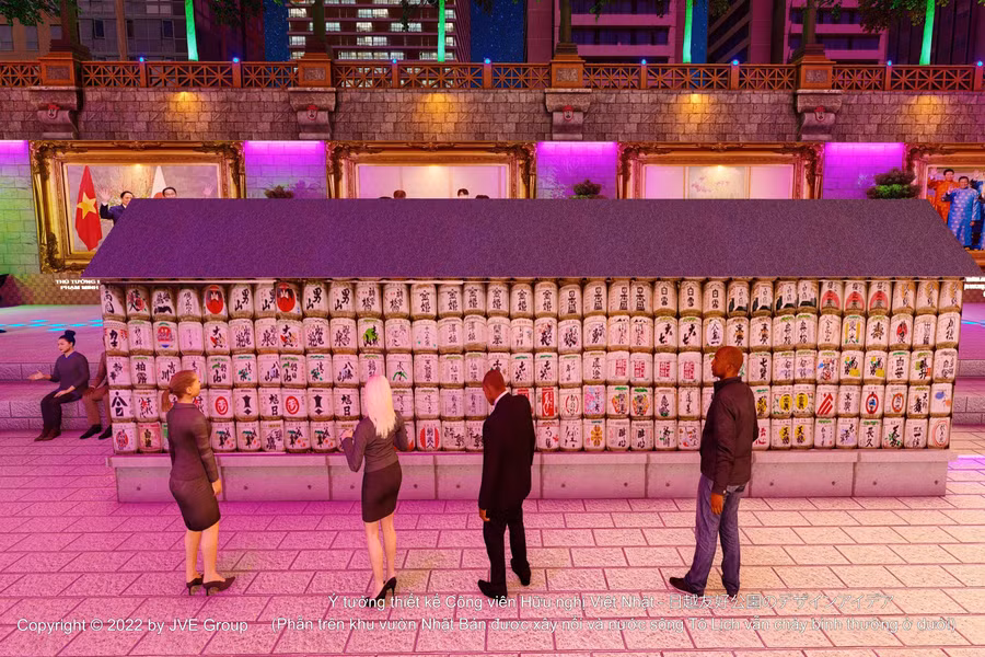 Phối cảnh 3D của Không gian văn hóa Nhật Bản tại Công viên Hữu nghị Việt-Nhật trên sông Tô Lịch (Mô phỏng hình ảnh các loại hũ rượu sake độc đáo của Nhật Bản tại đền Meji Jingu, Tokyo) .