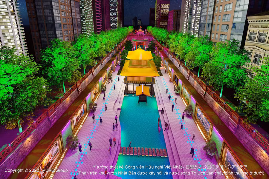 Phối cảnh 3D tổng thể của không gian văn hóa vườn Nhật Bản tại Công viên Hữu nghị Việt-Nhật trên sông Tô Lịch.
