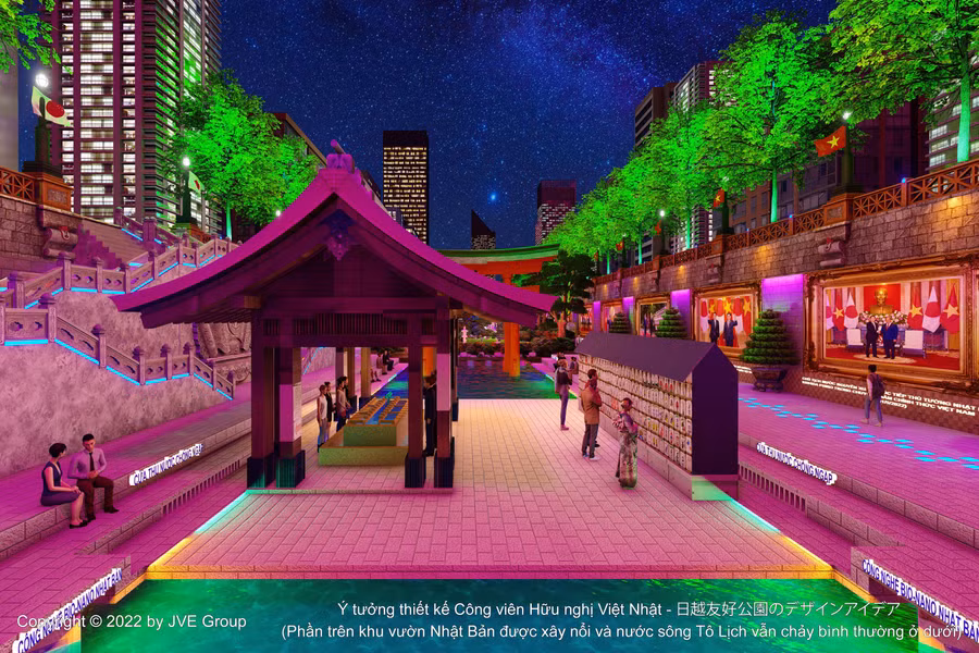 Phối cảnh 3D của Không gian văn hóa Nhật Bản tại Công viên Hữu nghị Việt-Nhật trên sông Tô Lịch (Phần công trình phía trên được xây nổi và nước sông Tô Lịch vẫn chảy bình thường ở dưới).