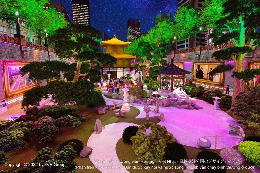 Phối cảnh 3D của Không gian văn hóa Nhật Bản tại Công viên Hữu nghị Việt-Nhật trên sông Tô Lịch (Phần công trình phía trên được xây nổi và nước sông Tô Lịch vẫn chảy bình thường ở dưới).