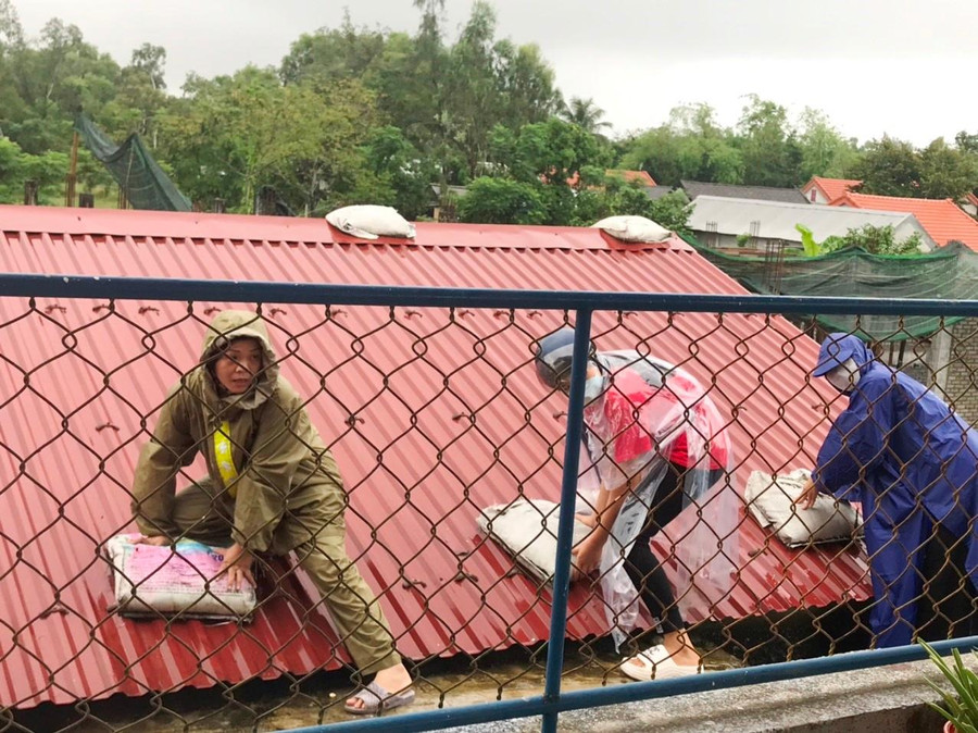 Nhiều cô giáo không ngại khó leo lên mái nhà chằng chống. Nhiều cô giáo không ngại khó leo lên mái nhà chằng chống.