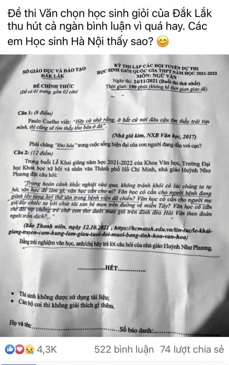 Ngay sau khi kết thúc Kỳ thi, đề Văn này đã nhận về hàng ngàn lời khen (ảnh chụp màn hình MXH). Ngay sau khi kết thúc Kỳ thi, đề Văn này đã nhận về hàng ngàn lời khen (ảnh chụp màn hình MXH).
