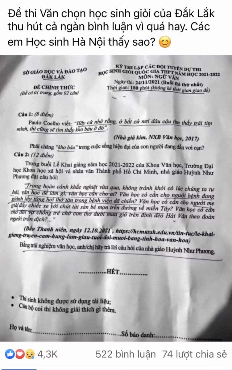 Ngay sau khi kết thúc Kỳ thi, đề Văn này đã nhận về hàng ngàn lời khen (ảnh chụp màn hình MXH).