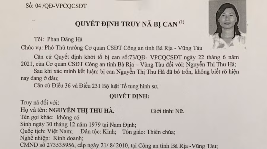 Quyết định truy nã Nguyễn Thị Thu Hà. Ảnh: Công an Bà Rịa – Vũng Tàu