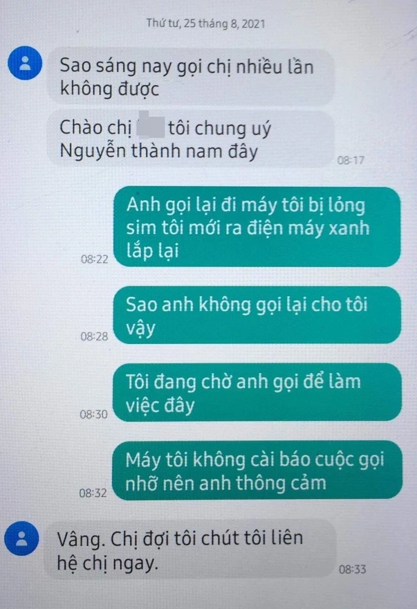 Đoạn tin nhắn đối tượng tự xưng Trung uý công an gửi cho nạn nhân.