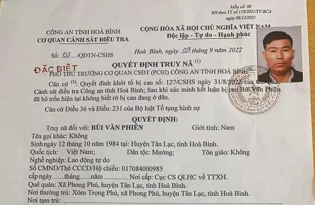 Quyết định truy nã Bùi Văn Phiên của Cơ quan CSĐT Công an tỉnh Hòa Bình.