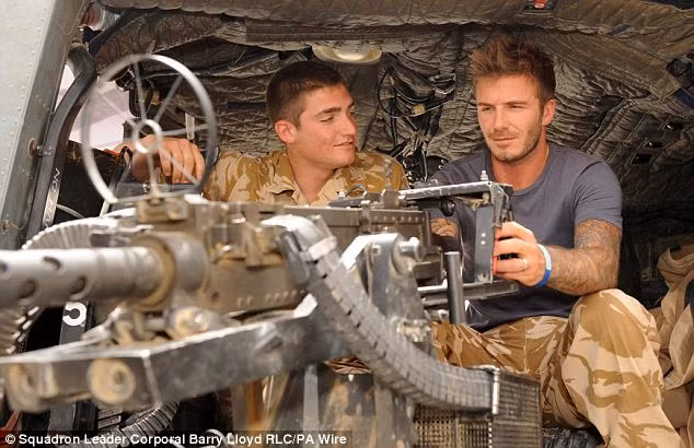 David Beckham gets to grips with some of the military hardware during his visit to Camp Bastion where around 9,000 British soldiers are based Read more: http://www.dailymail.co.uk/news/worldnews/article-1280468/David-Beckham-hails-amazing-troops-visit-Afghanistan.html#ixzz0olQzFTvU