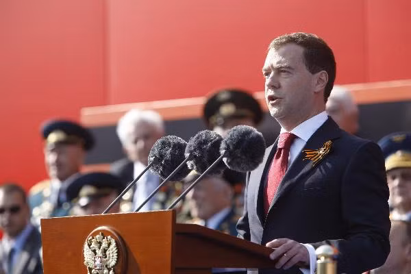 Russian President Dmitry Medvedev speaks during a military parade marking the 65th anniversary of the victory over Nazi Germany in the Great Patriotic War, at the Red Square in Moscow May 9, 2010