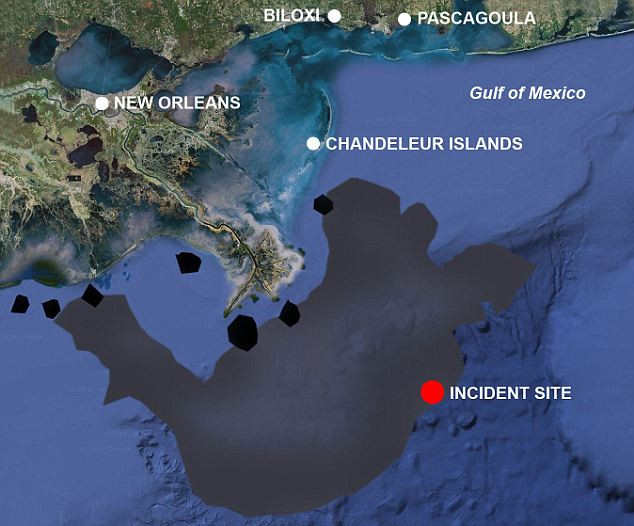Mỹ: Gian nan chặn rò dầu ảnh 6 The black area shows the extent of the oil spill in the Gulf of Mexico Read more: http://www.dailymail.co.uk/news/worldnews/article-1282293/Gulf-oil-spill-BP-resumes-kill-efforts-Obama-accepts-responsibility.html#ixzz0pMqS7wjy