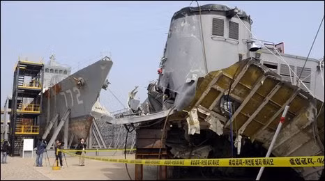 The shattered wreck of the Cheonan was winched to the surface in two pieces 