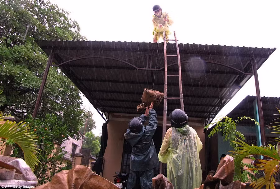 Joint effort: Villagers throw up sandbags to the roof of a house in Quang Nam province, Vietnam Read more: http://www.dailymail.co.uk/news/article-2494635/Philippines-super-typhoon-Haiyan-powerful-storm-history.html#ixzz2kD3bjCGV Follow us: @MailOnline on Twitter | DailyMail on Facebook
