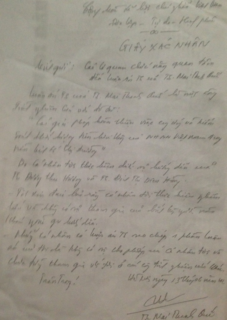 Giấy xác nhận của TS Mai Thanh Quế gửi các cơ quan chức năng vì bị ông Hoàng Xuân Quế “đạo” tới 30% luận án tiến sỹ Giấy xác nhận của TS Mai Thanh Quế gửi các cơ quan chức năng vì bị ông Hoàng Xuân Quế “đạo” tới 30% luận án tiến sỹ