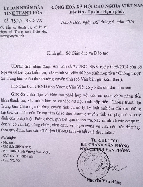 Văn bản chỉ đạo xác minh vụ việc của UBND tỉnh Thanh Hóa Văn bản chỉ đạo xác minh vụ việc của UBND tỉnh Thanh Hóa