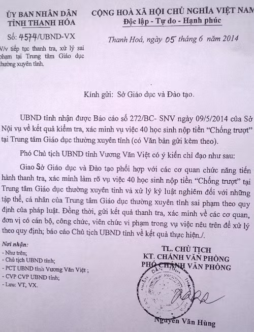 Văn bản chỉ đạo xác minh vụ việc của UBND tỉnh Thanh Hóa