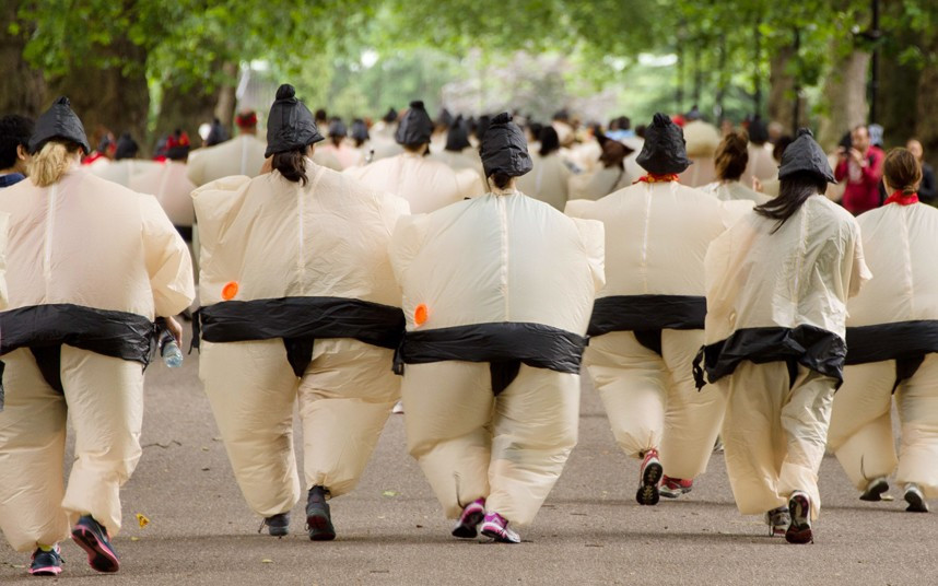 The Sumo Run in Battesea Park, west London, an annual 5km charity fun run around the park in inflatable Sumo Suits. The event previously set a Guinness World Record for the largest gathering of people running in Sumo Suits.