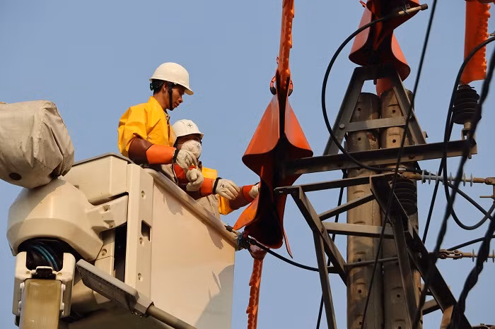 Công nhân ngành điện kiểm tra hệ thống truyền tải. 