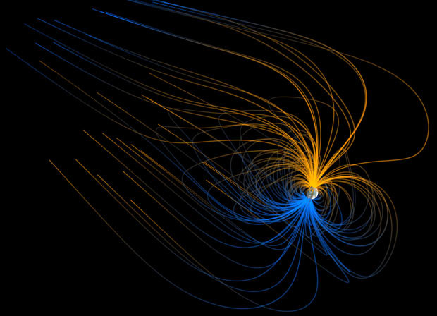 This image released by the Nasa Earth Observatory is a visualisation of the magnetic field around Earth - the magnetosphere - as it might look from space. The orange and blue lines depict the opposite north and south polarity of Earth’s field lines. The field lines are not actually visible, but they can be detected by sensors that count atomic particles - protons and electrons moving in the space around Earth. Unlike the symmetrical pattern of iron filings around a magnet, the magnetosphere is pushed in on the side facing the Sun and stretched out in the Earth’s wake. This is caused by the solar wind, a stream of high-speed particles flowing out from the Sun and carrying the signatures of its own magnetic field.