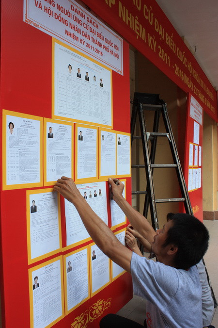 Trường ĐH Kinh tế quốc dân, khu vực bỏ phiếu số 2 P.Đồng Tâm, công tác chuẩn bị đã cơ bản hoàn thành. Niêm yết tiểu sử các ƯCV tại điểm bỏ phiếu. Ảnh, gdtd.vn