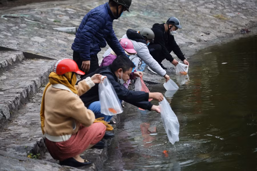 Tại khu vực hồ Hoàng Cầu nhiều người dân đã đến để thả cá ngày ông Công ông Táo.
