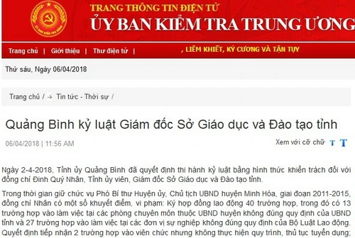 Giám đốc Sở GD&ĐT Quảng Bình bị kỷ luật