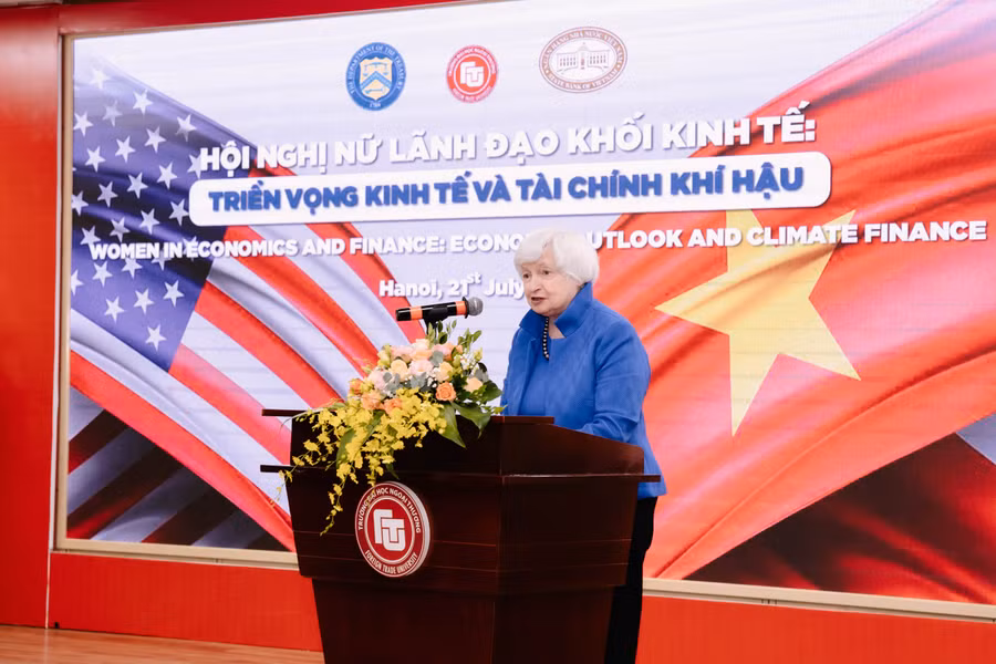Bộ trưởng Tài chính Hoa Kỳ - bà Yellen chia sẻ quan điểm tại Hội nghị.