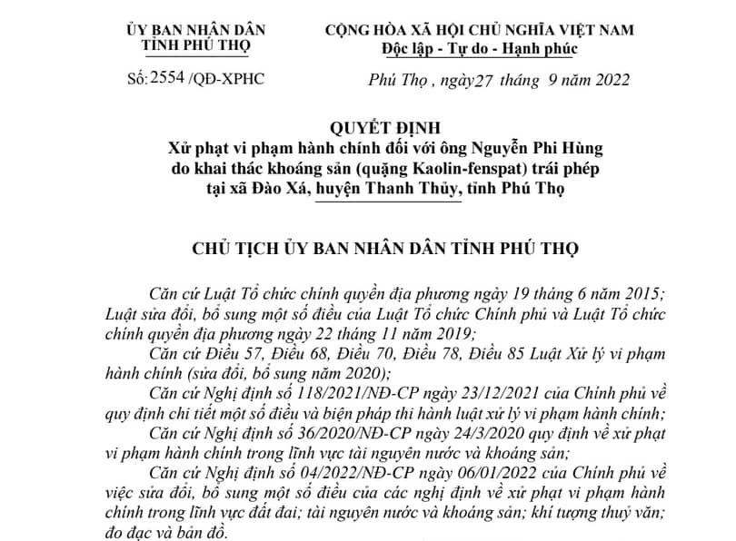 Quyết định xử phạt hành chính đối với ông Nguyễn Phi Hùng.