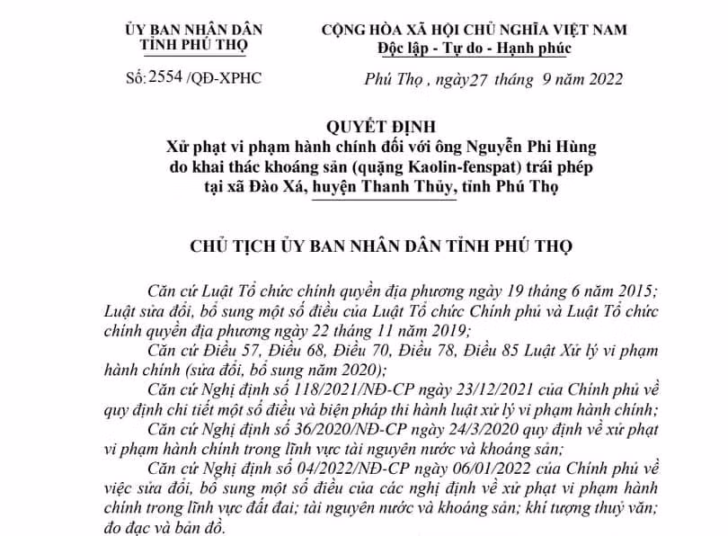 Quyết định xử phạt hành chính đối với ông Nguyễn Phi Hùng.