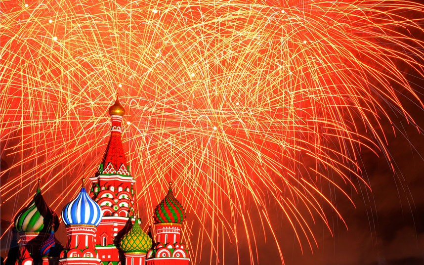 Fireworks explode above the St Basil