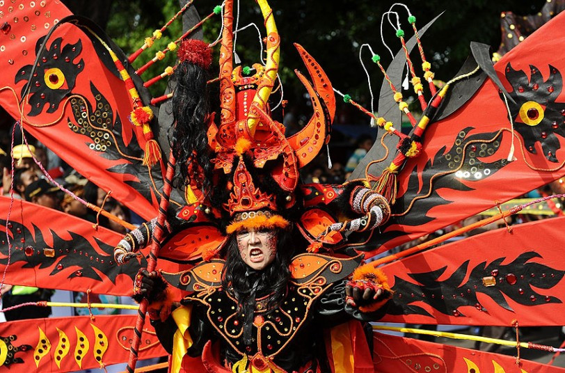 A model wearing Kebo Geni costume attends the Banyuwangi Ethno Carnival in Indonesia